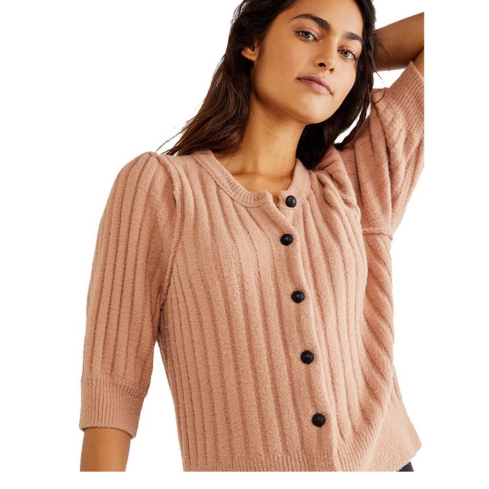Free People Dusty Pink Ribbed Button-Front Cardigan